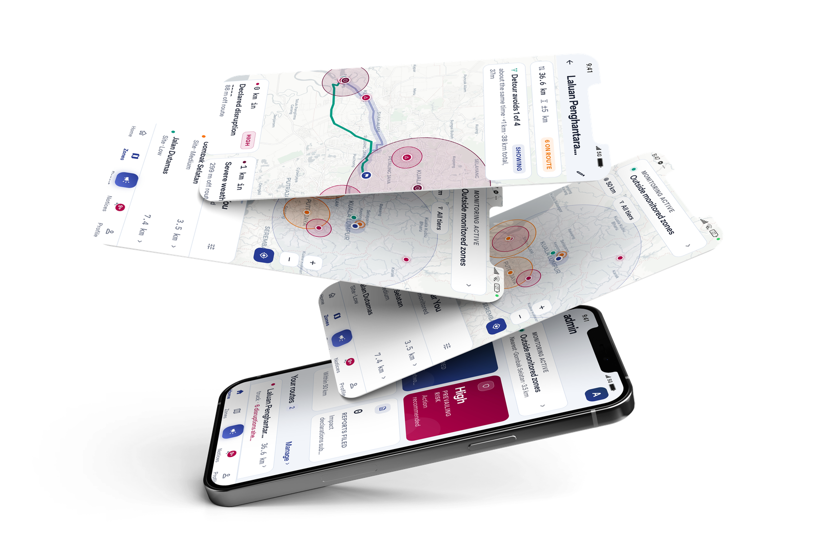 MITIapp screens: monitored zones map, route detour and disruption notices